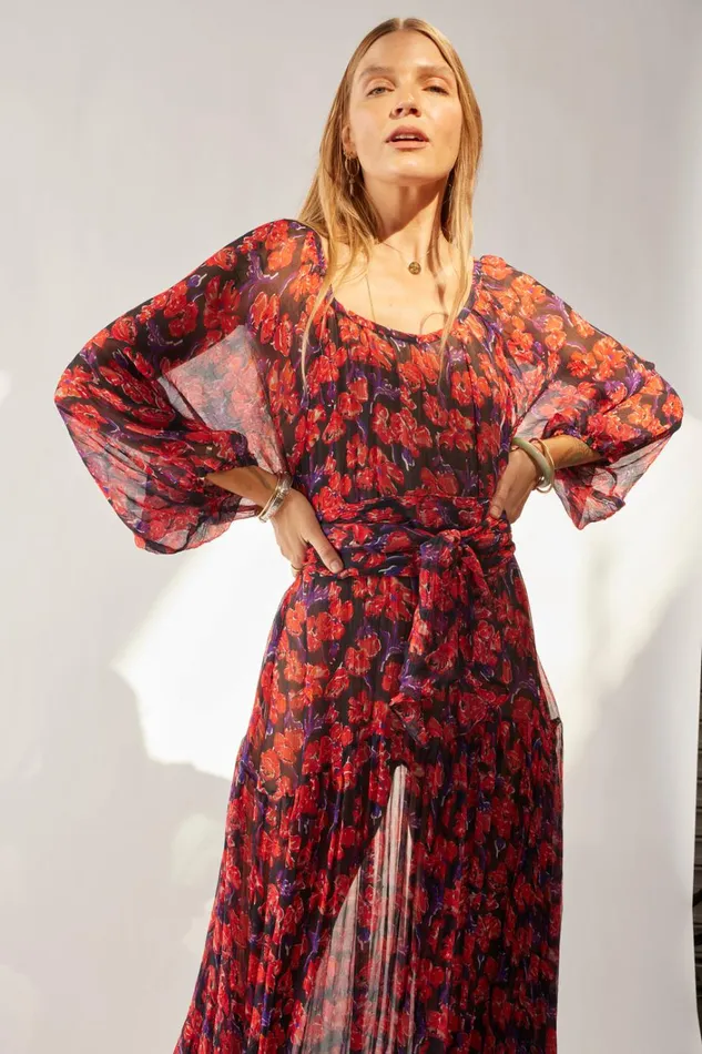 Women Natalie Martin Dresses Lainey Dress With Sash Chiffon Watercolor Print Onyx