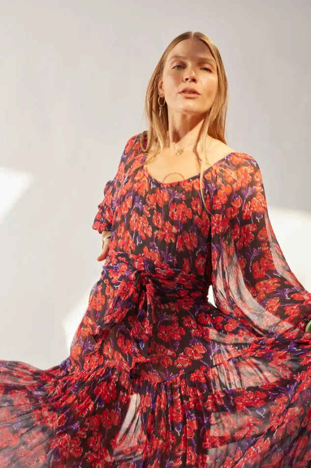 Women Natalie Martin Dresses Lainey Dress With Sash Chiffon Watercolor Print Onyx