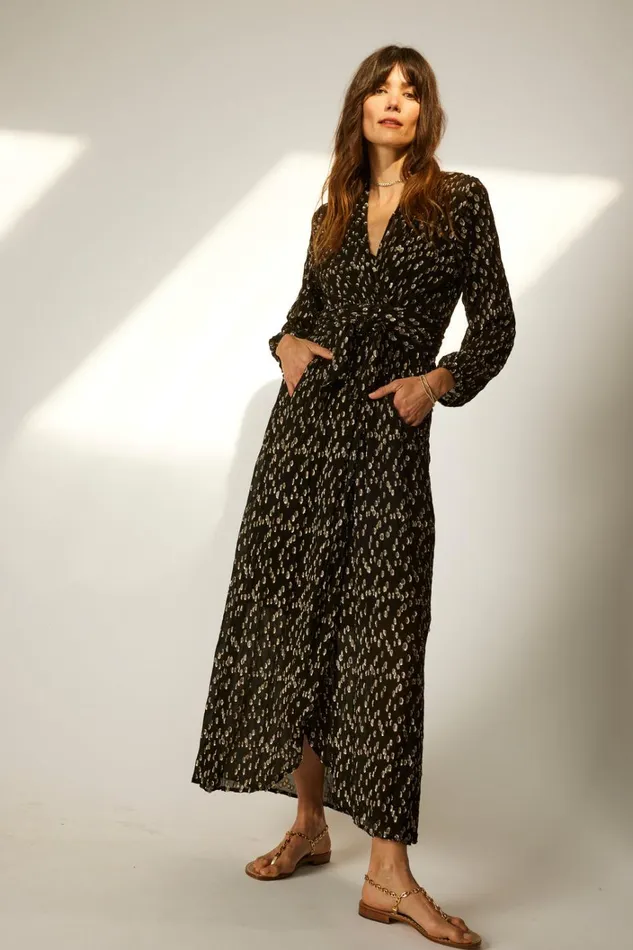 Women Natalie Martin Dresses Nico LS Maxi With Sash Metallic Chiffon