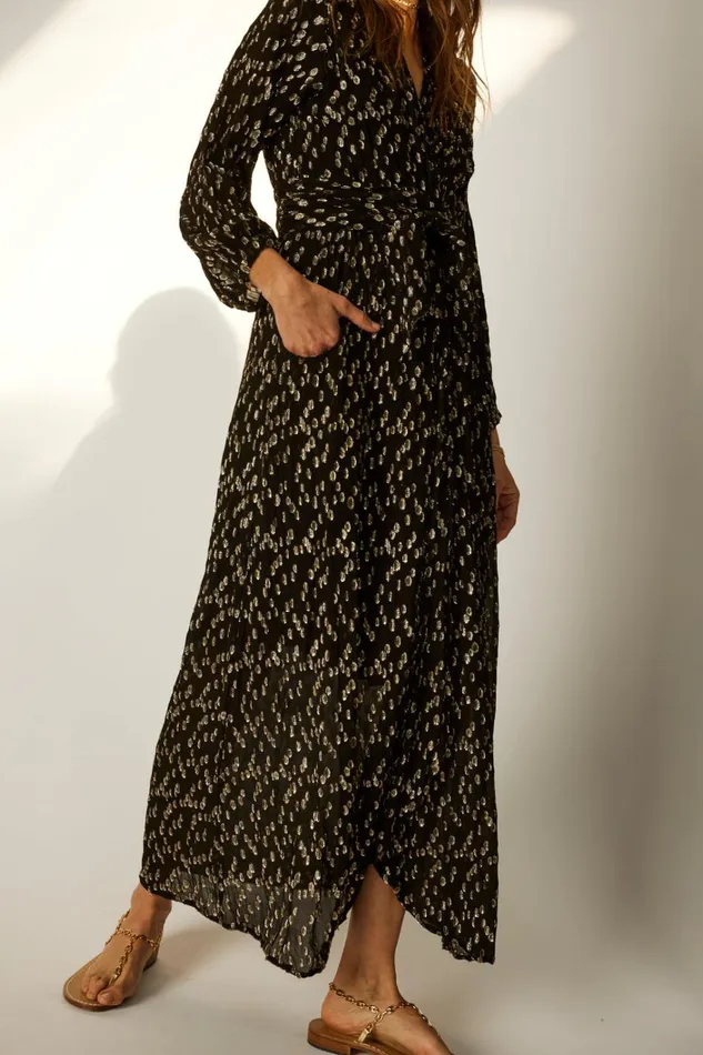 Women Natalie Martin Dresses Nico LS Maxi With Sash Metallic Chiffon