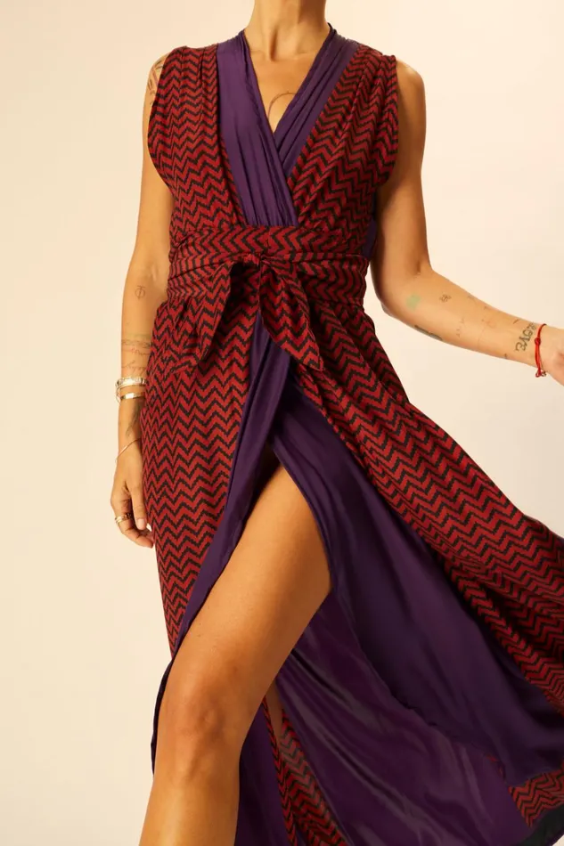 Women Natalie Martin Dresses Nico Sleeveless Maxi Block Zigzag Aubergine