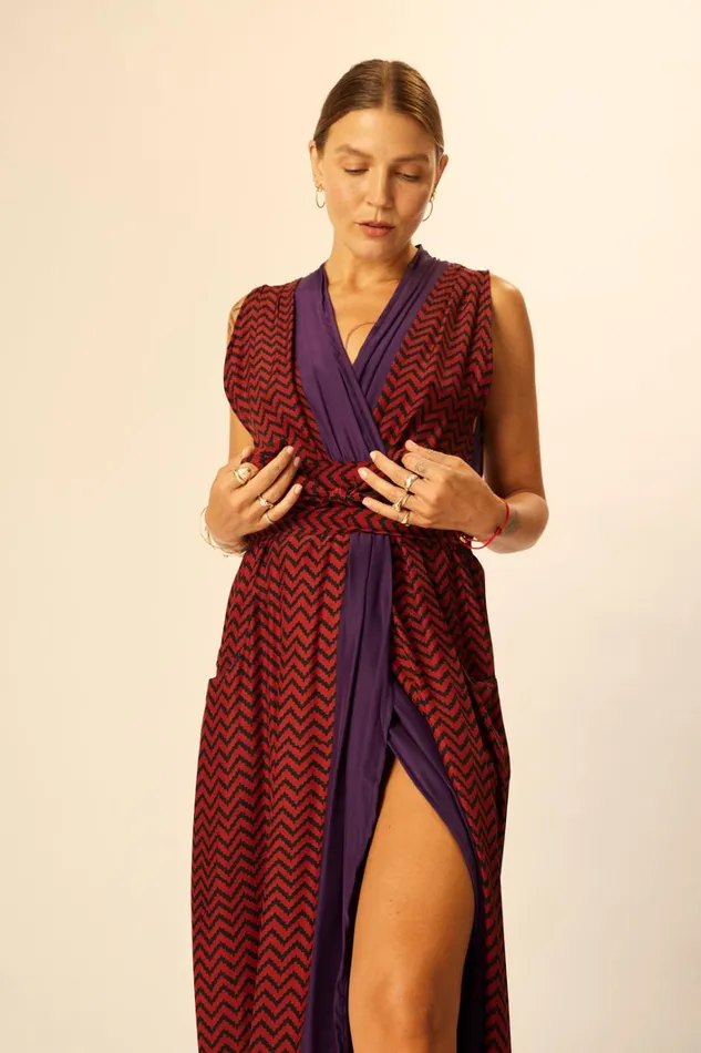 Women Natalie Martin Dresses Nico Sleeveless Maxi Block Zigzag Aubergine