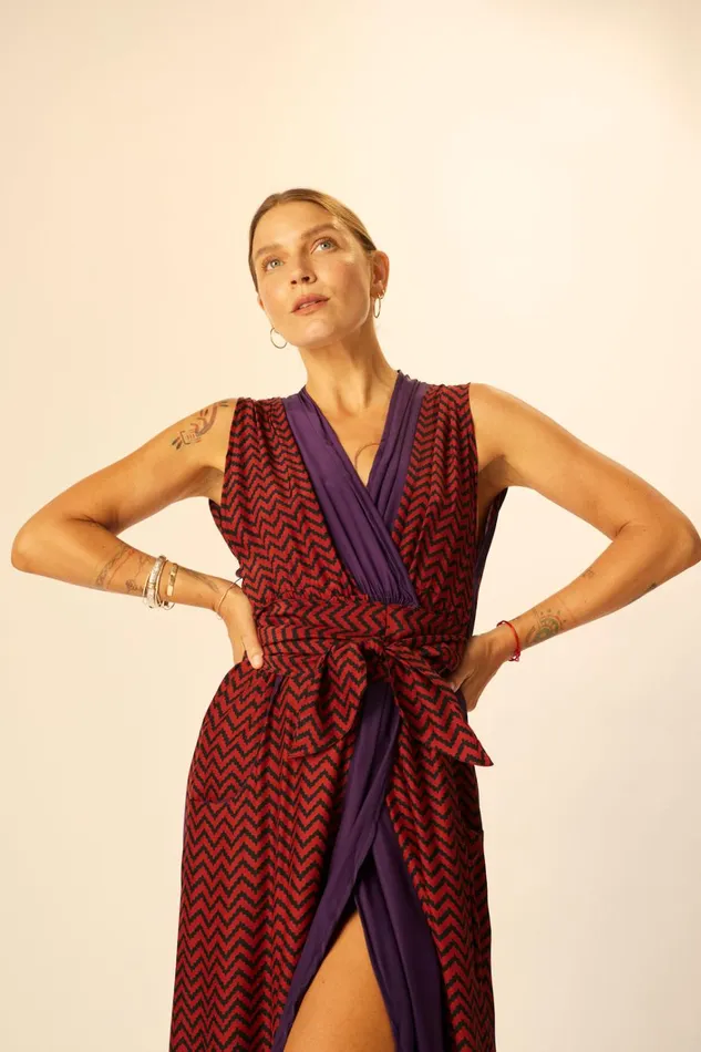 Women Natalie Martin Dresses Nico Sleeveless Maxi Block Zigzag Aubergine