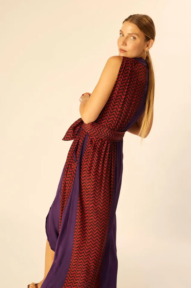 Women Natalie Martin Dresses Nico Sleeveless Maxi Block Zigzag Aubergine