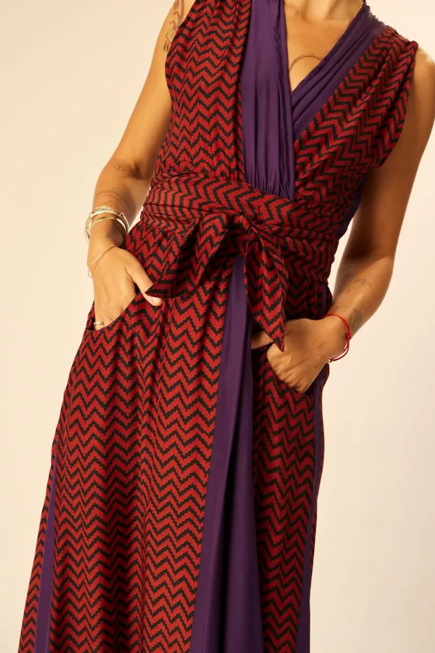 Women Natalie Martin Dresses Nico Sleeveless Maxi Block Zigzag Aubergine