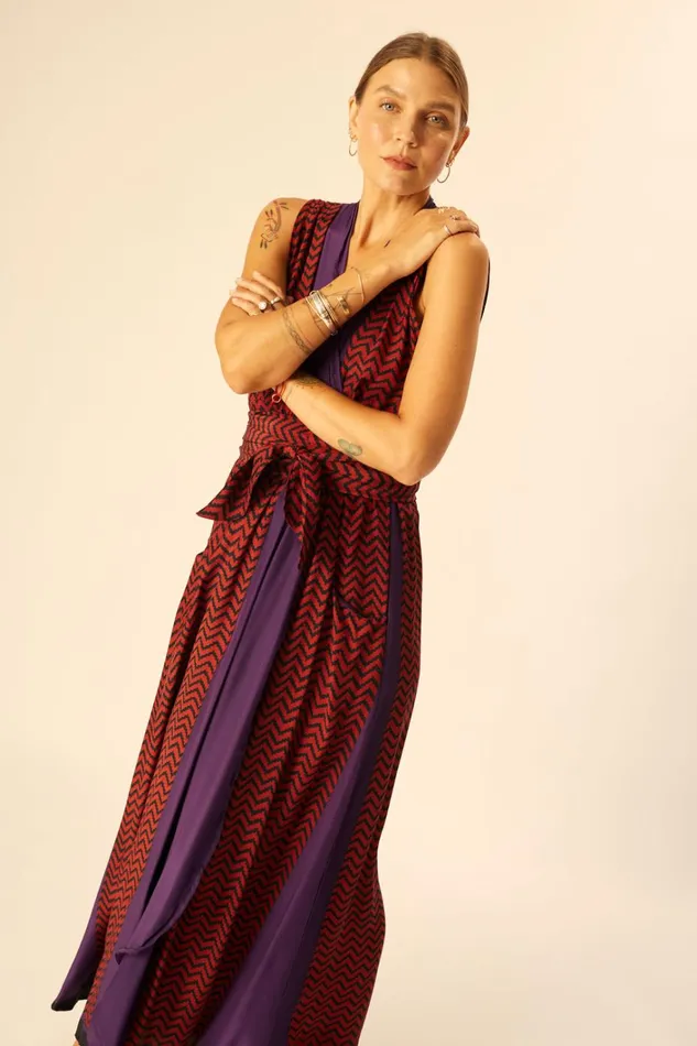 Women Natalie Martin Dresses Nico Sleeveless Maxi Block Zigzag Aubergine