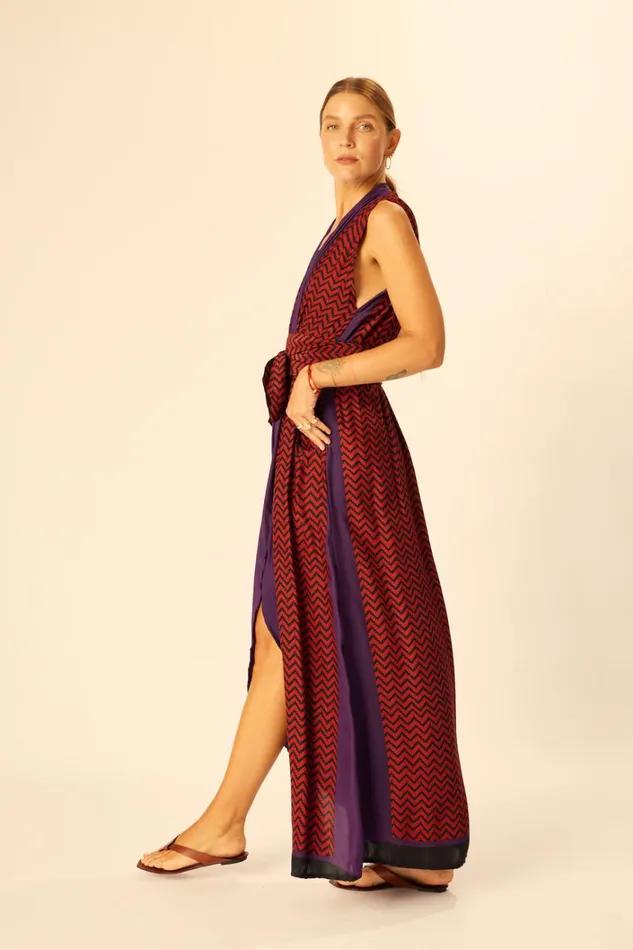 Women Natalie Martin Dresses Nico Sleeveless Maxi Block Zigzag Aubergine