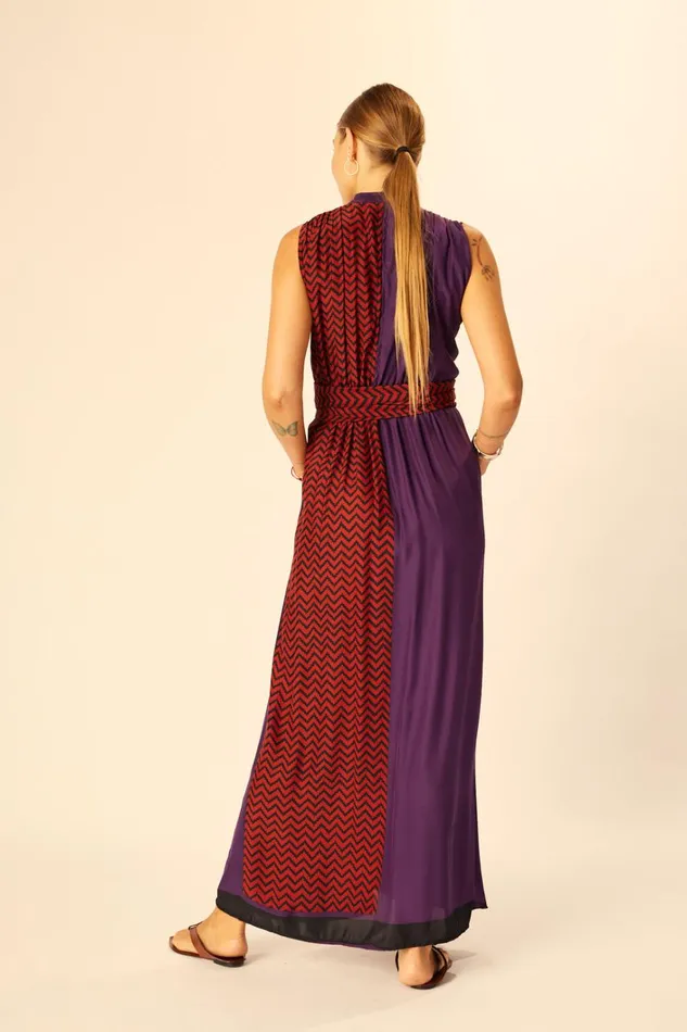 Women Natalie Martin Dresses Nico Sleeveless Maxi Block Zigzag Aubergine