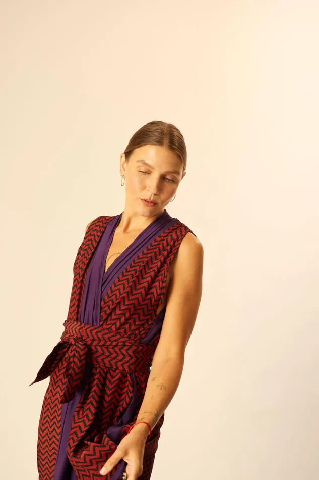 Women Natalie Martin Dresses Nico Sleeveless Maxi Block Zigzag Aubergine