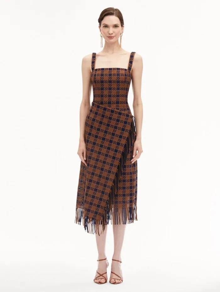 Women Oscar De La Renta Dresses Check Fringe Guipure Dress Cognac Navy Women Oscar De La Renta Dresses Check Fringe Guipure Dress Cognac Navy