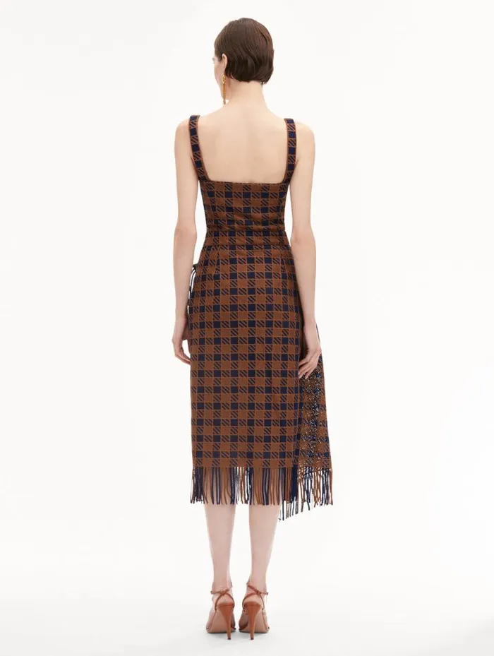 Women Oscar De La Renta Dresses Check Fringe Guipure Dress Cognac Navy Women Oscar De La Renta Dresses Check Fringe Guipure Dress Cognac Navy