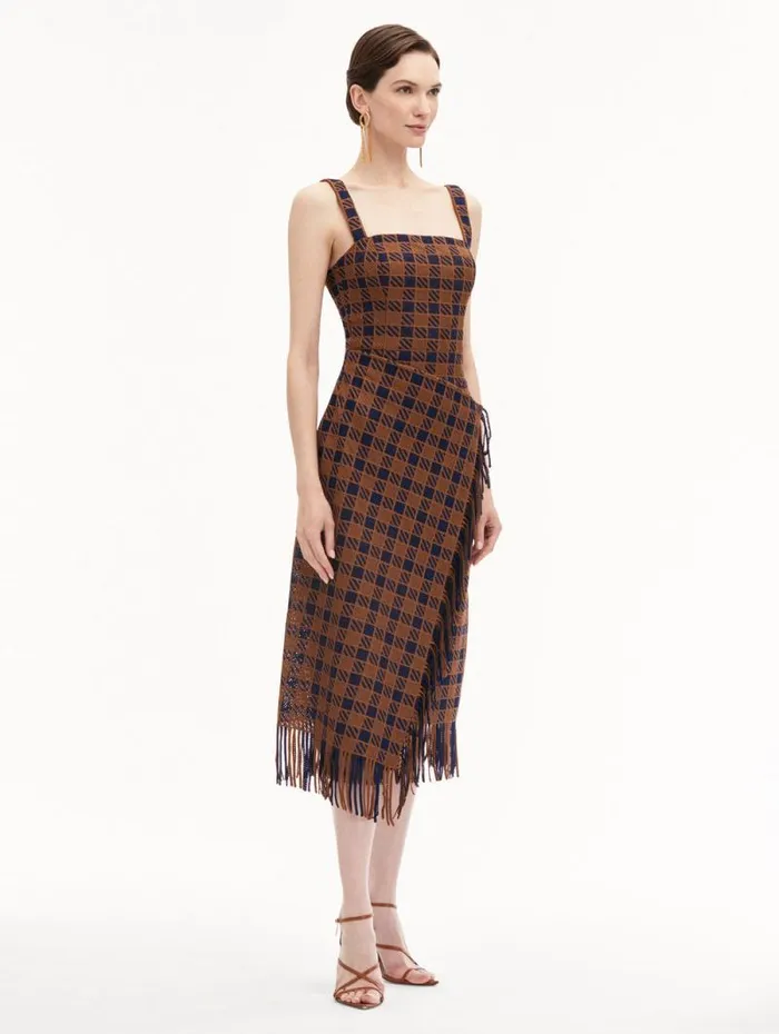 Women Oscar De La Renta Dresses Check Fringe Guipure Dress Cognac Navy Women Oscar De La Renta Dresses Check Fringe Guipure Dress Cognac Navy