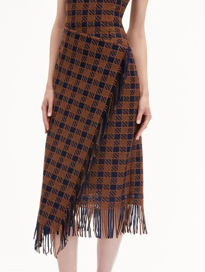 Women Oscar De La Renta Dresses Check Fringe Guipure Dress Cognac Navy Women Oscar De La Renta Dresses Check Fringe Guipure Dress Cognac Navy