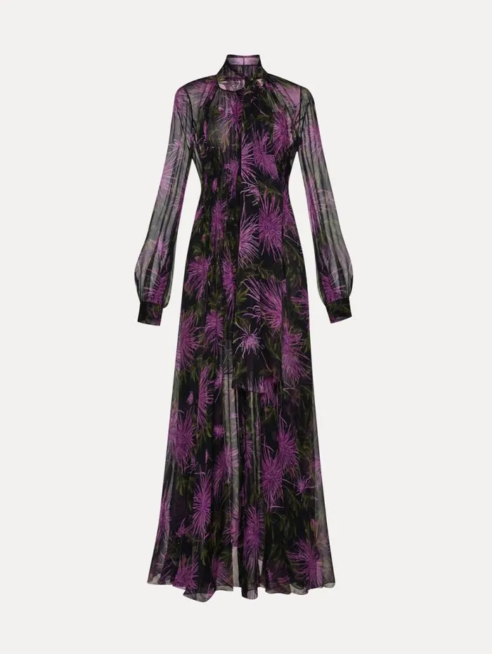 Women Oscar De La Renta Dresses Chrysanthemum Chiffon Maxi Dress Purple Navy