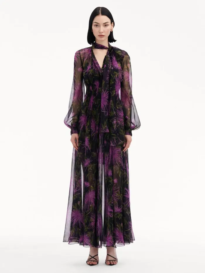 Women Oscar De La Renta Dresses Chrysanthemum Chiffon Maxi Dress Purple Navy Women Oscar De La Renta Dresses Chrysanthemum Chiffon Maxi Dress Purple Navy