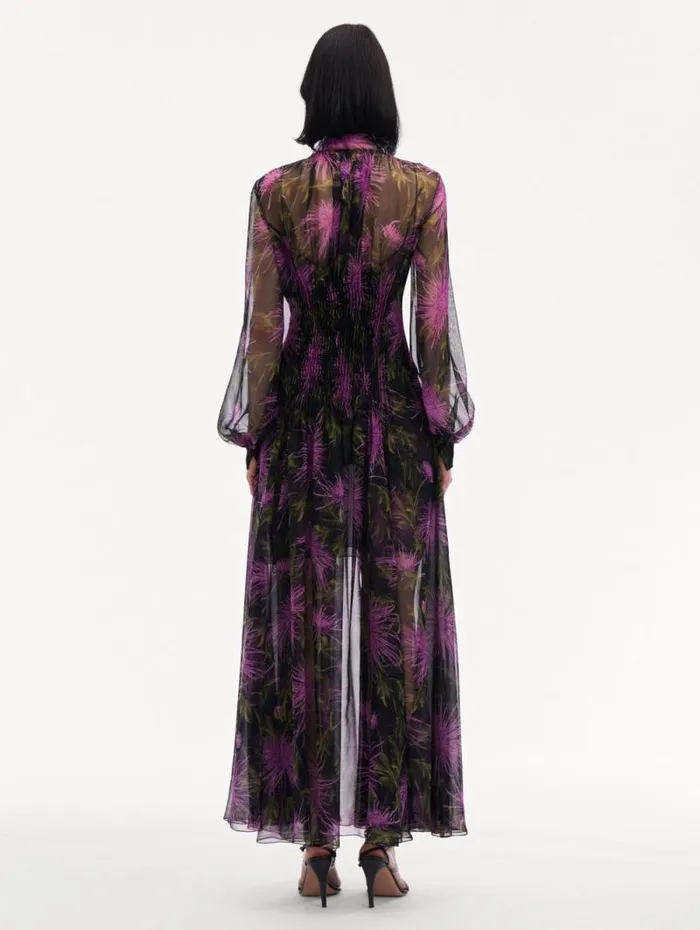 Women Oscar De La Renta Dresses Chrysanthemum Chiffon Maxi Dress Purple Navy Women Oscar De La Renta Dresses Chrysanthemum Chiffon Maxi Dress Purple Navy