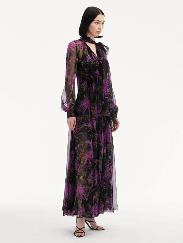 Women Oscar De La Renta Dresses Chrysanthemum Chiffon Maxi Dress Purple Navy Women Oscar De La Renta Dresses Chrysanthemum Chiffon Maxi Dress Purple Navy