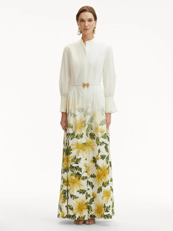 Women Oscar De La Renta Dresses Chrysanthemum Fade Cotton Poplin Dress Yellow White Women Oscar De La Renta Dresses Chrysanthemum Fade Cotton Poplin Dress Yellow White