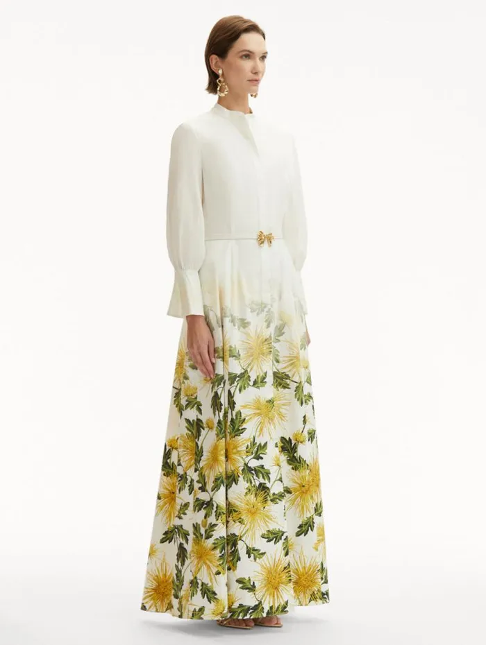 Women Oscar De La Renta Dresses Chrysanthemum Fade Cotton Poplin Dress Yellow White Women Oscar De La Renta Dresses Chrysanthemum Fade Cotton Poplin Dress Yellow White