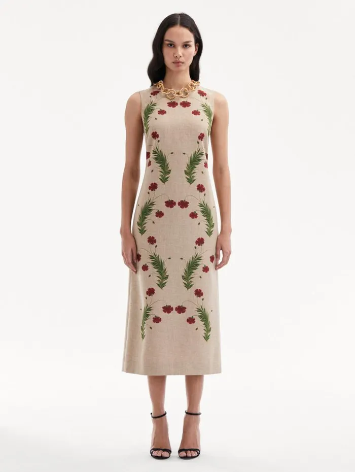 Women Oscar De La Renta Dresses Marbled Carnation Canvas Pencil Dress Linen Red