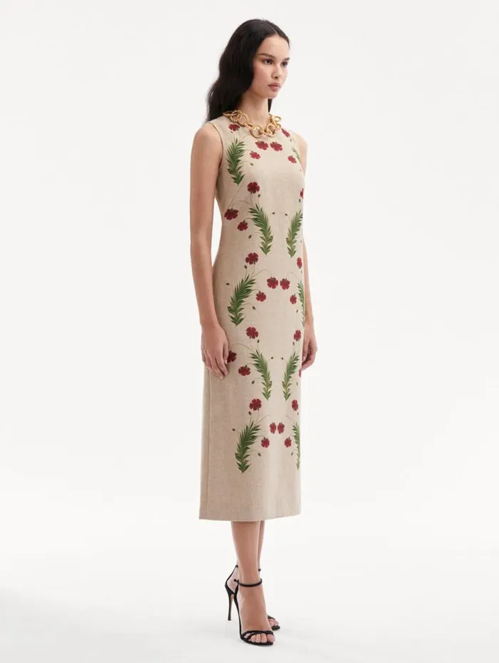 Women Oscar De La Renta Dresses Marbled Carnation Canvas Pencil Dress Linen Red