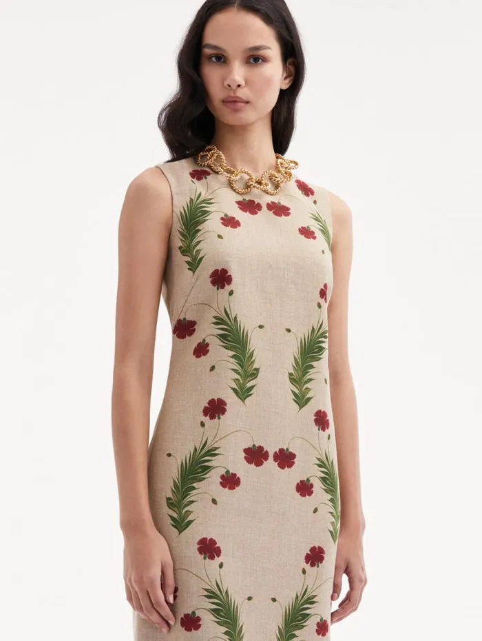 Women Oscar De La Renta Dresses Marbled Carnation Canvas Pencil Dress Linen Red