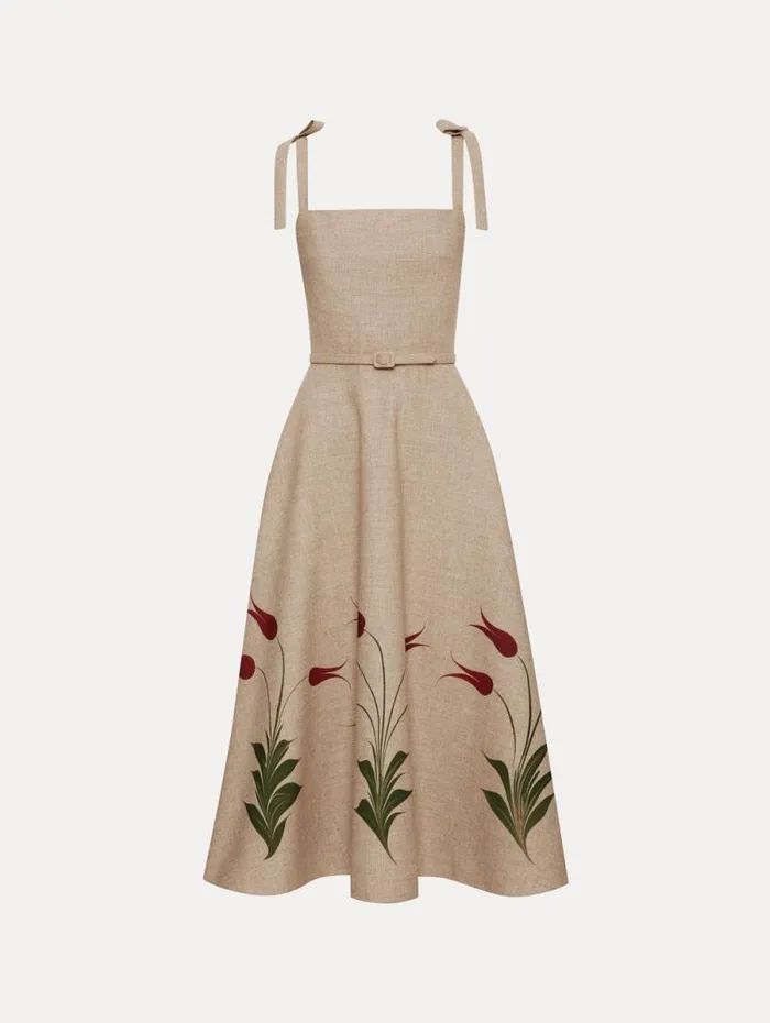 Women Oscar De La Renta Dresses Marbled Tulip Canvas Dress Linen Red