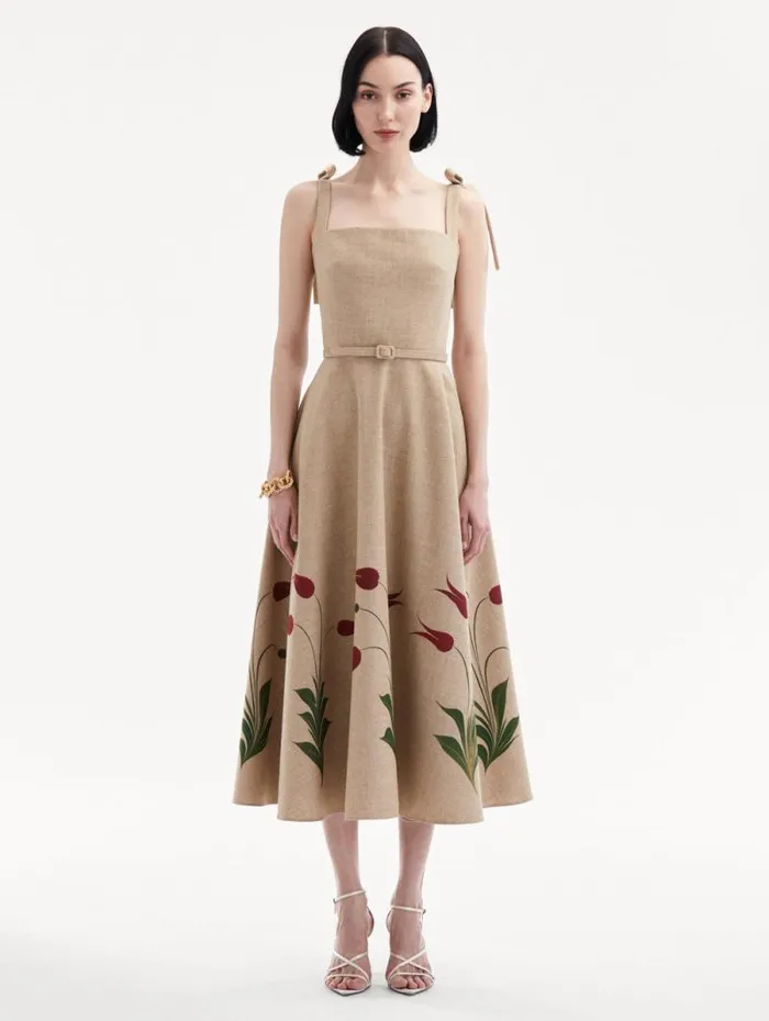 Women Oscar De La Renta Dresses Marbled Tulip Canvas Dress Linen Red Women Oscar De La Renta Dresses Marbled Tulip Canvas Dress Linen Red