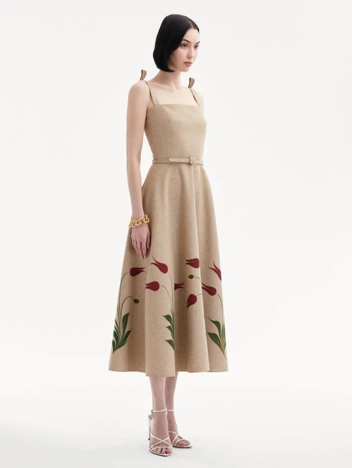 Women Oscar De La Renta Dresses Marbled Tulip Canvas Dress Linen Red Women Oscar De La Renta Dresses Marbled Tulip Canvas Dress Linen Red