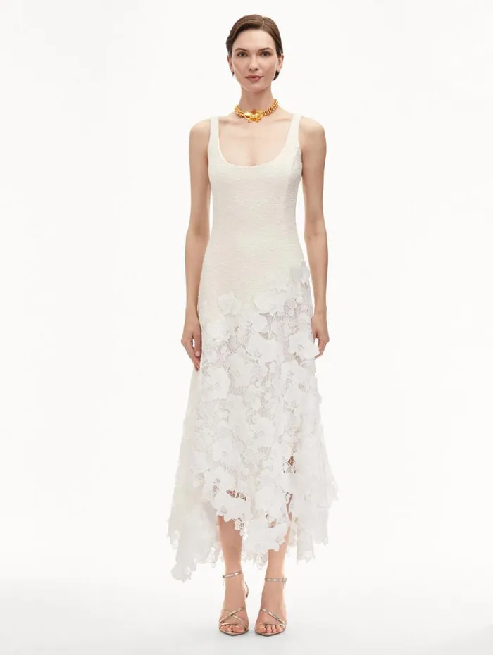 Women Oscar De La Renta Dresses Orchid Guipure and Tweed Sleeveless Dress Ivory Women Oscar De La Renta Dresses Orchid Guipure and Tweed Sleeveless Dress Ivory