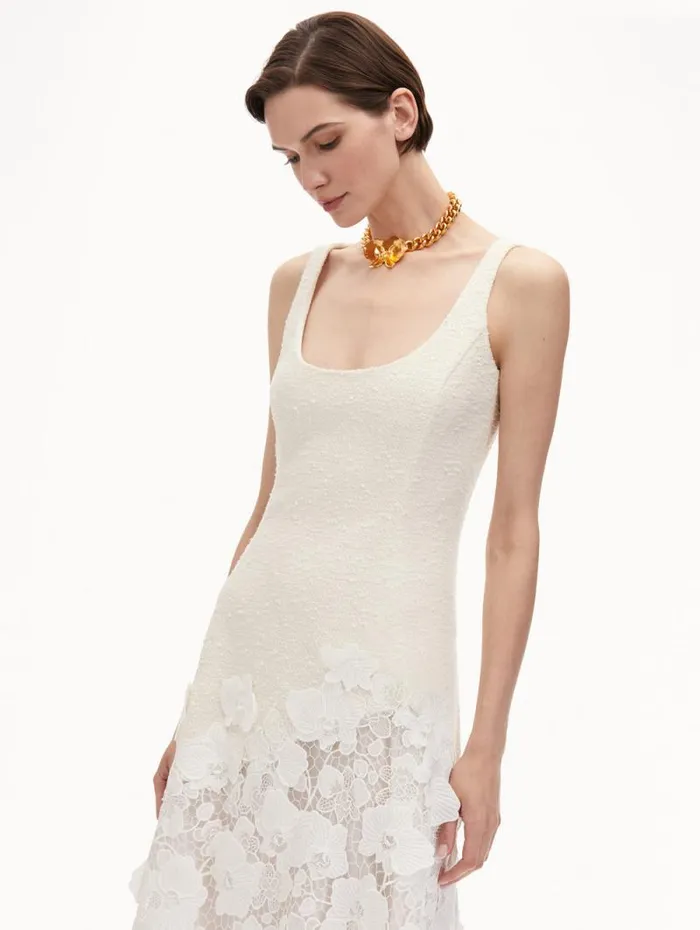 Women Oscar De La Renta Dresses Orchid Guipure and Tweed Sleeveless Dress Ivory Women Oscar De La Renta Dresses Orchid Guipure and Tweed Sleeveless Dress Ivory