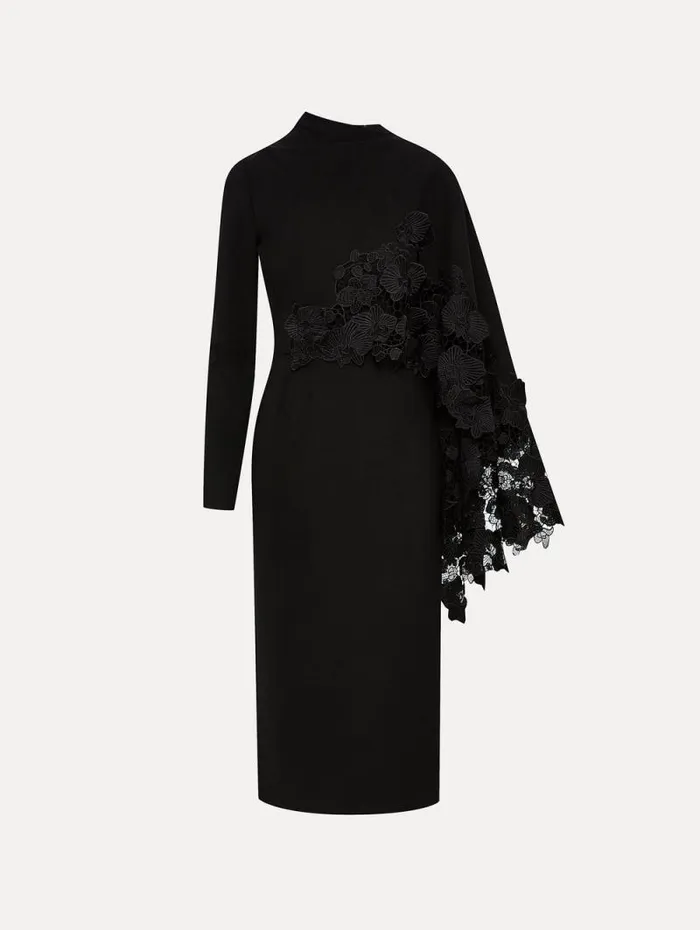 Women Oscar De La Renta Dresses Orchid Guipure Cape Midi Dress Black