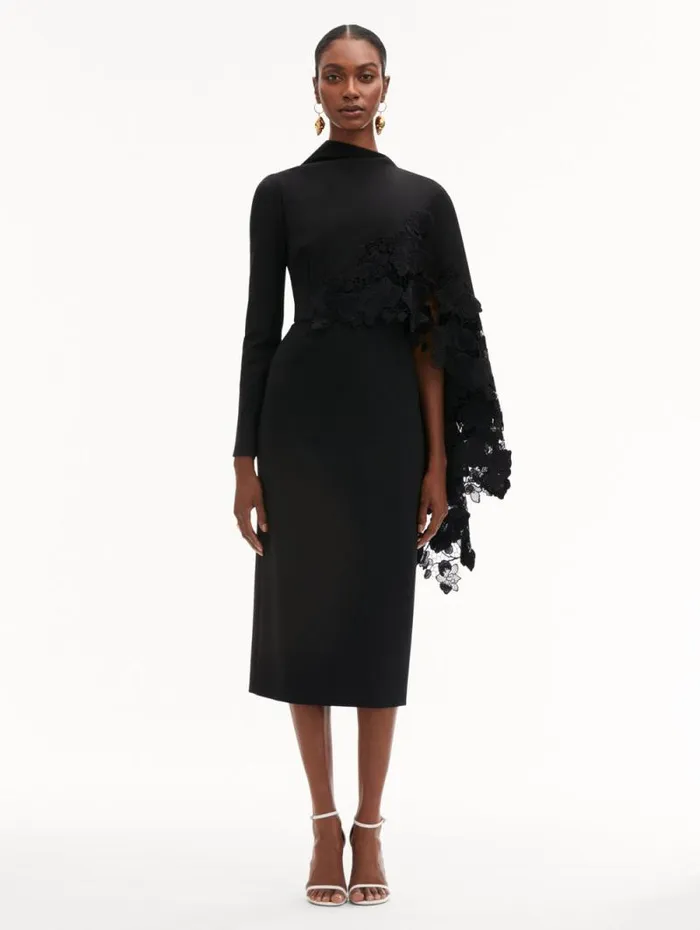 Women Oscar De La Renta Dresses Orchid Guipure Cape Midi Dress Black Women Oscar De La Renta Dresses Orchid Guipure Cape Midi Dress Black
