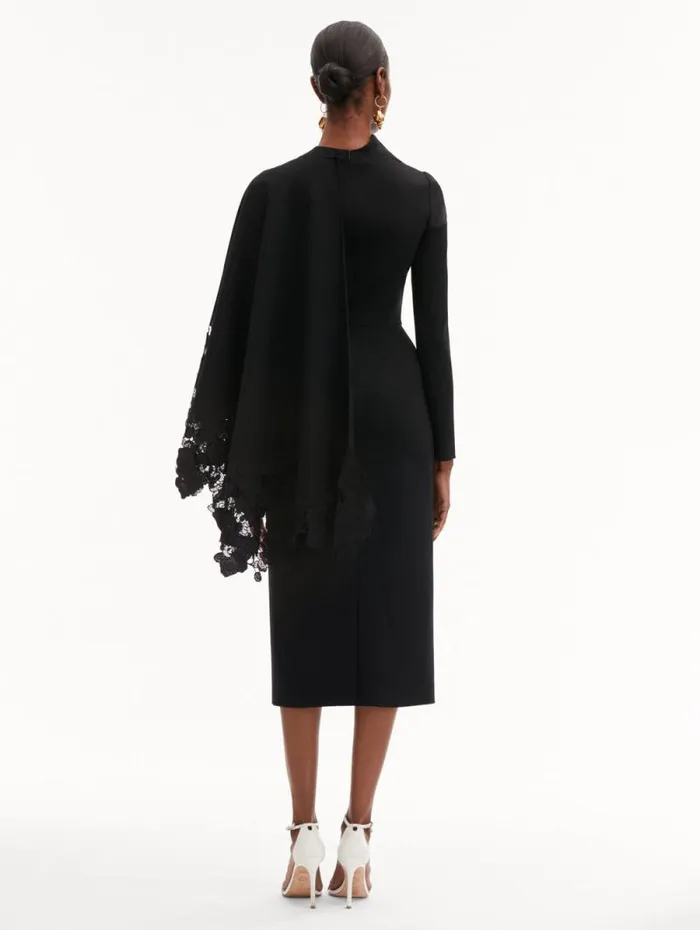 Women Oscar De La Renta Dresses Orchid Guipure Cape Midi Dress Black Women Oscar De La Renta Dresses Orchid Guipure Cape Midi Dress Black