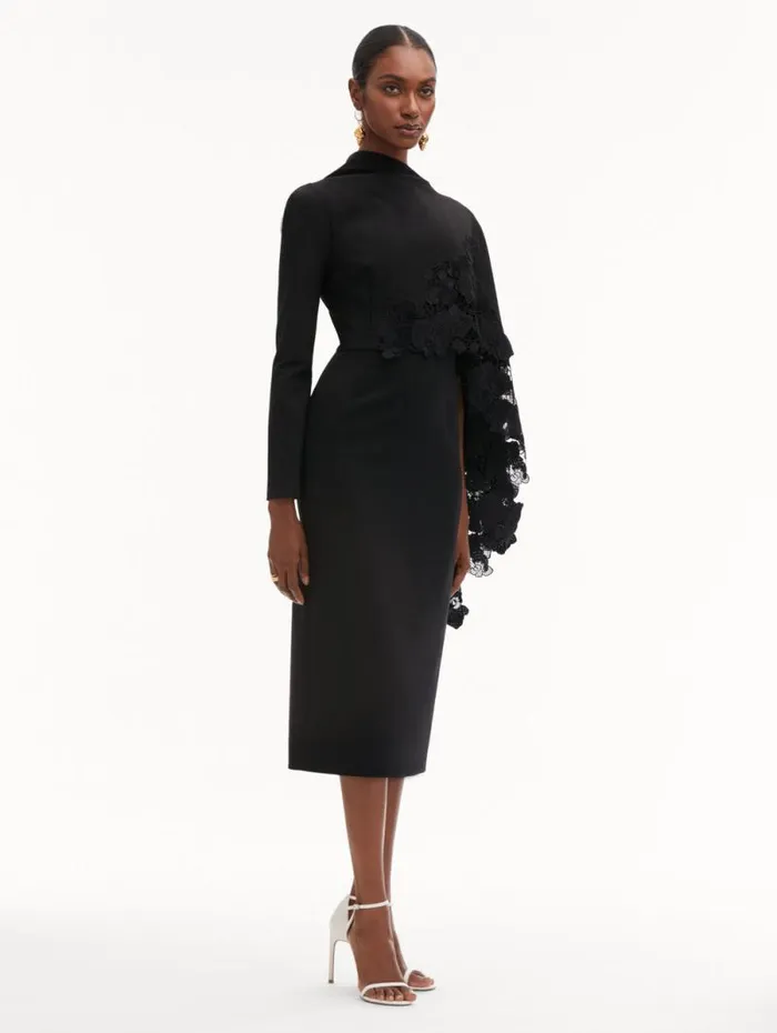 Women Oscar De La Renta Dresses Orchid Guipure Cape Midi Dress Black Women Oscar De La Renta Dresses Orchid Guipure Cape Midi Dress Black