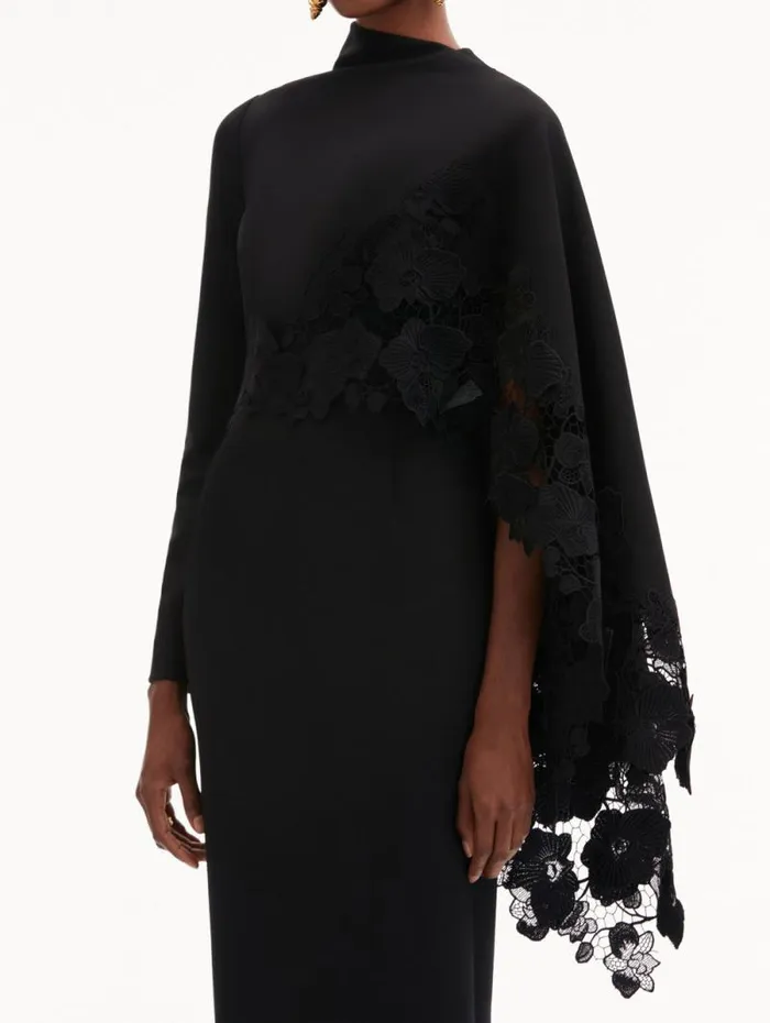 Women Oscar De La Renta Dresses Orchid Guipure Cape Midi Dress Black Women Oscar De La Renta Dresses Orchid Guipure Cape Midi Dress Black