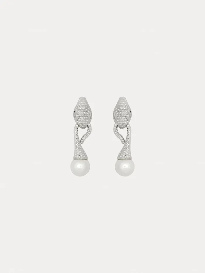 Women Oscar De La Renta Earrings Snake Pearl Drop ClipOn Earrings Silver