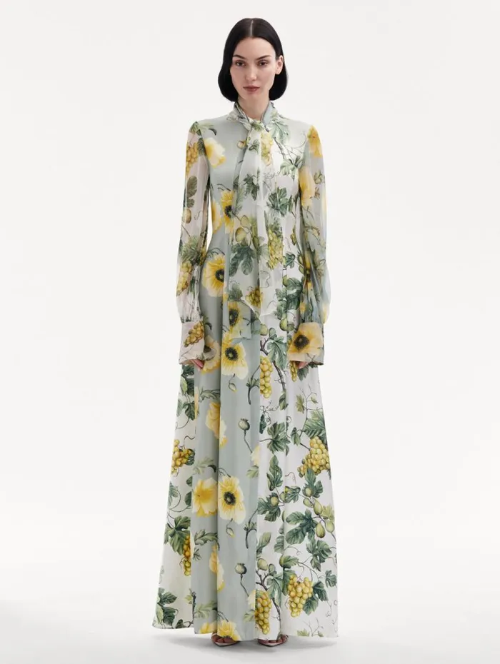 Women Oscar De La Renta Gowns and Caftans Fig and Grapes Silk Twill Caftan Multi Women Oscar De La Renta Gowns and Caftans Fig and Grapes Silk Twill Caftan Multi