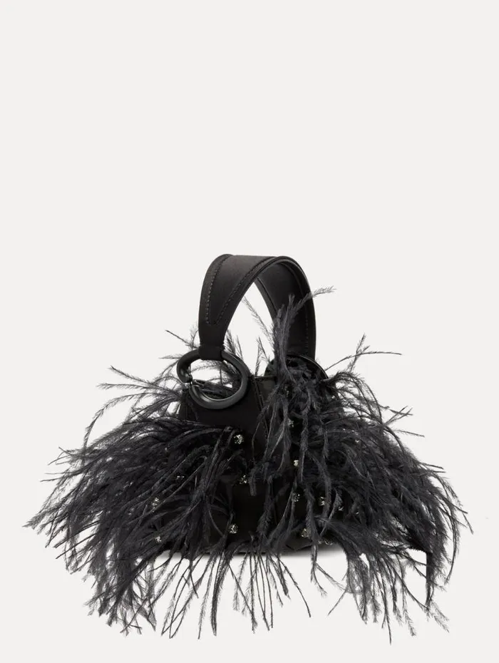 Women Oscar De La Renta Handbags Nano Ostrich Feather O Handle Bag Black