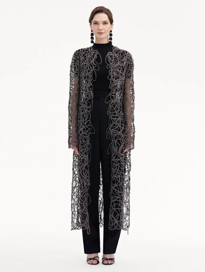 Women Oscar De La Renta Jackets and Coats Crystal Embroidered Cord Coat Black