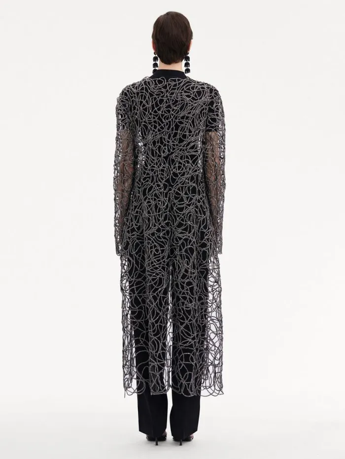 Women Oscar De La Renta Jackets and Coats Crystal Embroidered Cord Coat Black