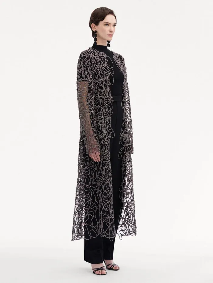 Women Oscar De La Renta Jackets and Coats Crystal Embroidered Cord Coat Black