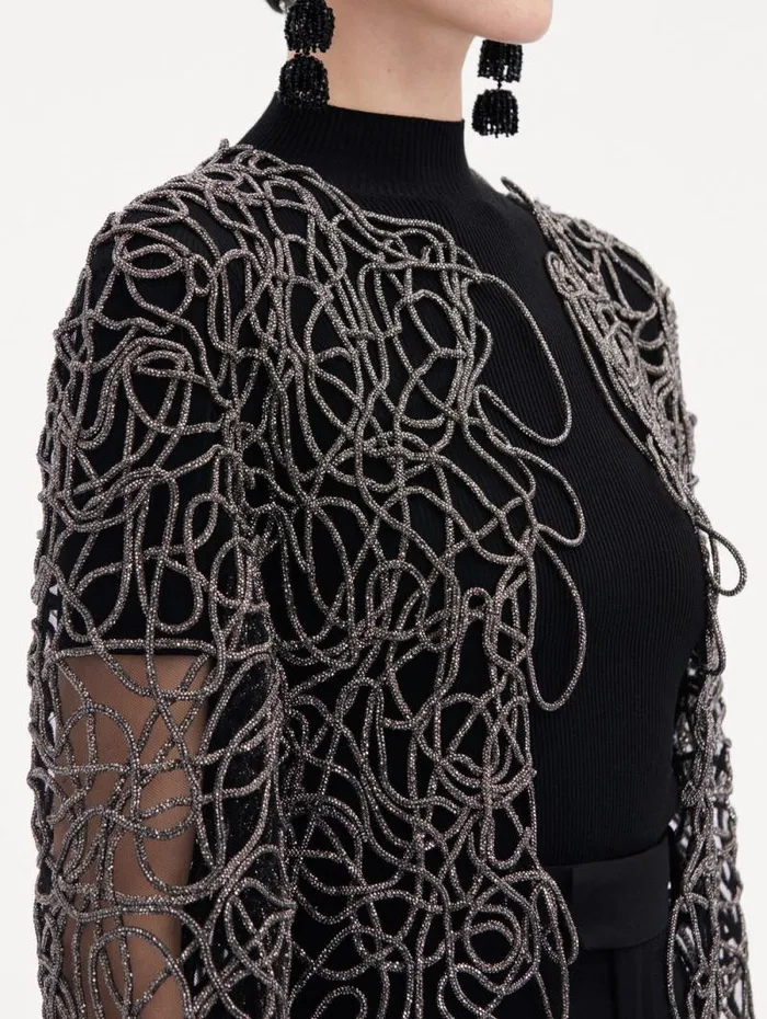 Women Oscar De La Renta Jackets and Coats Crystal Embroidered Cord Coat Black