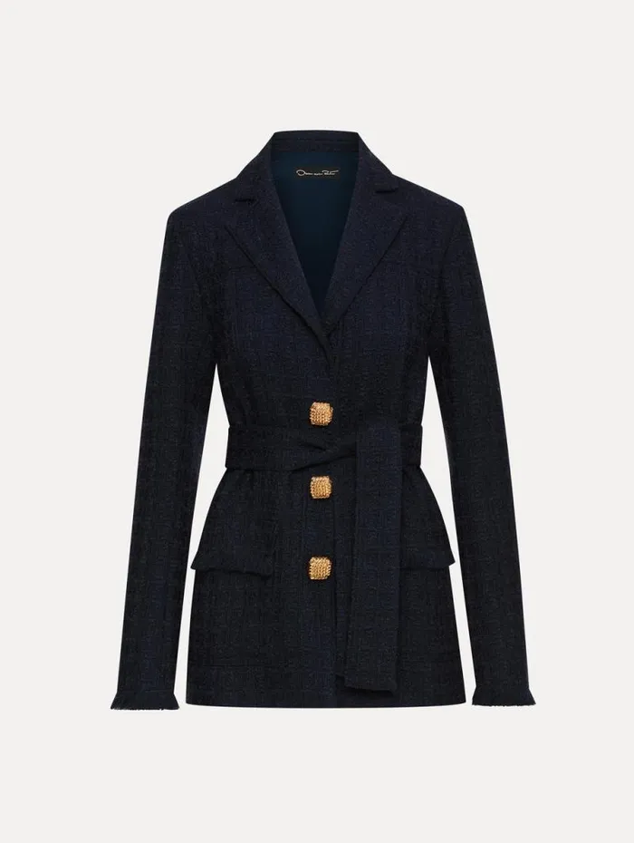 Women Oscar De La Renta Jackets and Coats SelfSash Tweed Jacket Navy