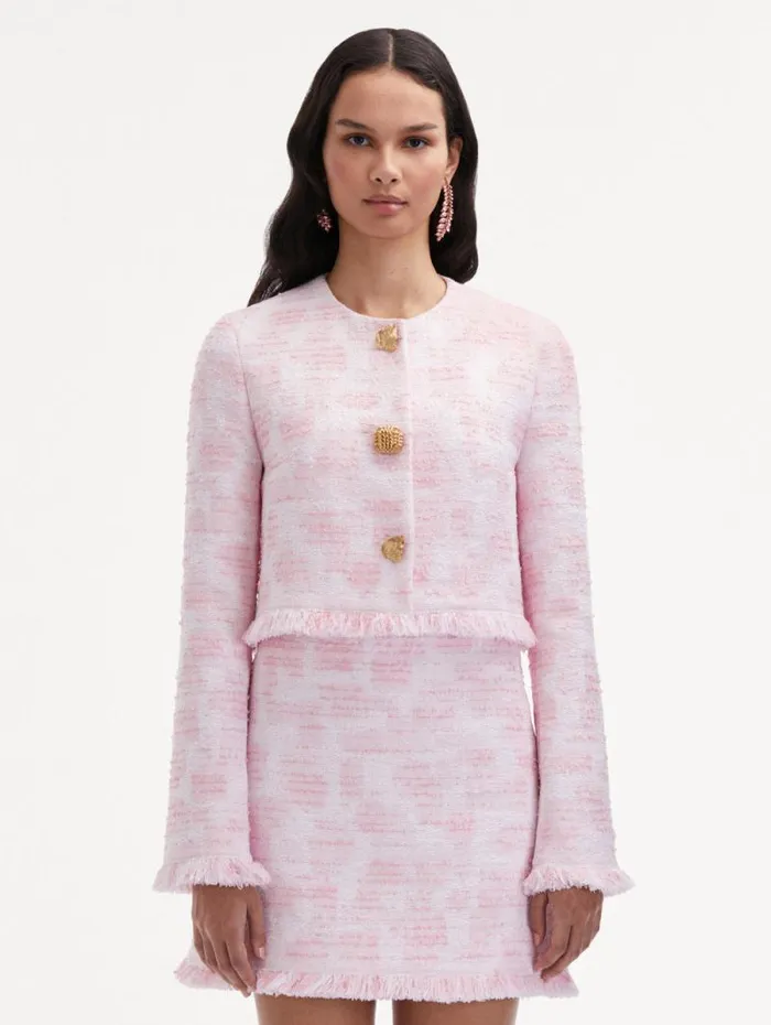 Women Oscar De La Renta Jackets and Coats Textured Tweed Jacket White Pink Women Oscar De La Renta Jackets and Coats Textured Tweed Jacket White Pink