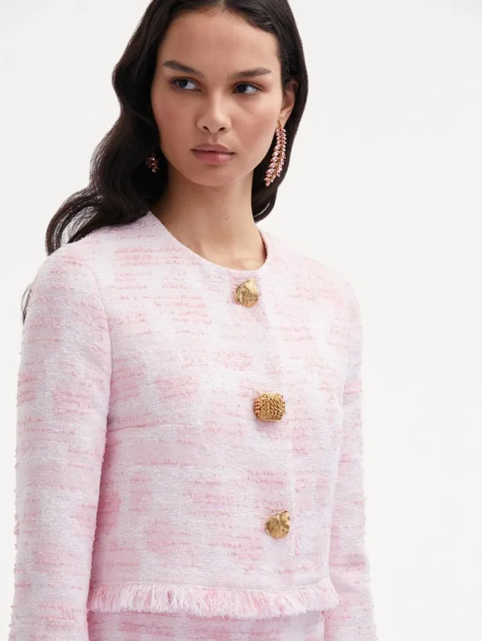 Women Oscar De La Renta Jackets and Coats Textured Tweed Jacket White Pink Women Oscar De La Renta Jackets and Coats Textured Tweed Jacket White Pink
