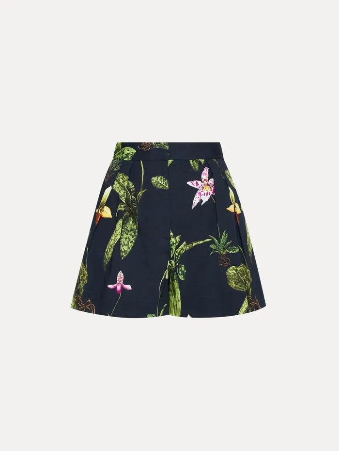 Women Oscar De La Renta Pants and Skirts Orchid Cotton Poplin Wide Leg Shorts Navy Multi