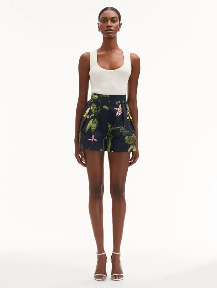 Women Oscar De La Renta Pants and Skirts Orchid Cotton Poplin Wide Leg Shorts Navy Multi