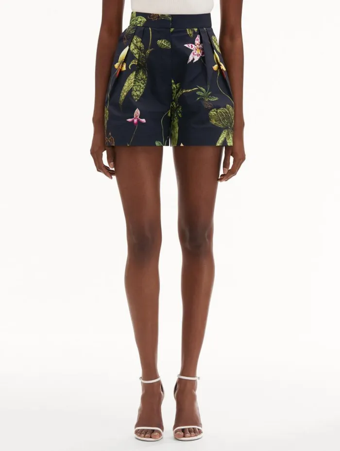 Women Oscar De La Renta Pants and Skirts Orchid Cotton Poplin Wide Leg Shorts Navy Multi