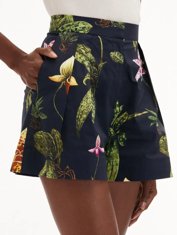 Women Oscar De La Renta Pants and Skirts Orchid Cotton Poplin Wide Leg Shorts Navy Multi